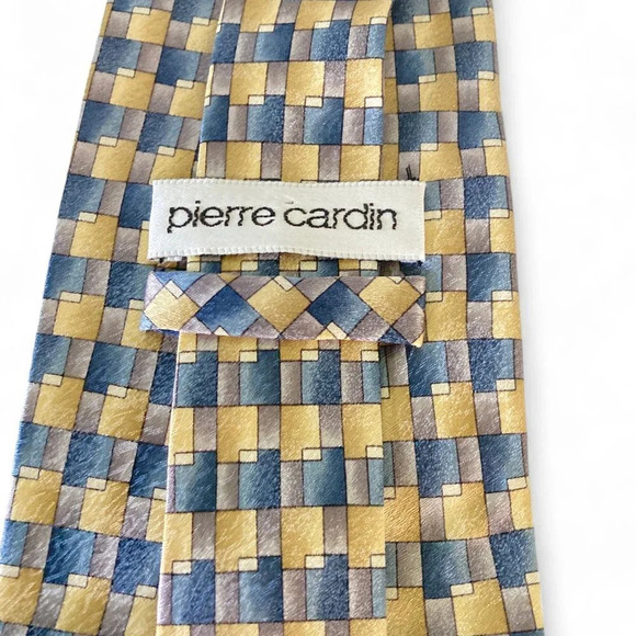 Pierre Cardin Silk Tie Geometric Design Muted Blue Yellow, New Without Tags - Picture 3 of 5
